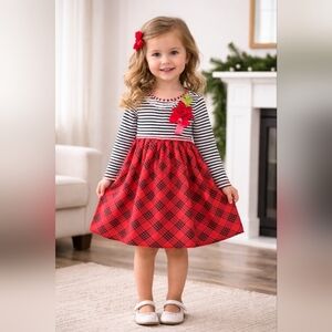 Bonnie Jean Black and White Striped Dress with Red Floral Accent